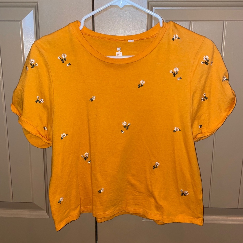 yellow crop top with flowers embroidered